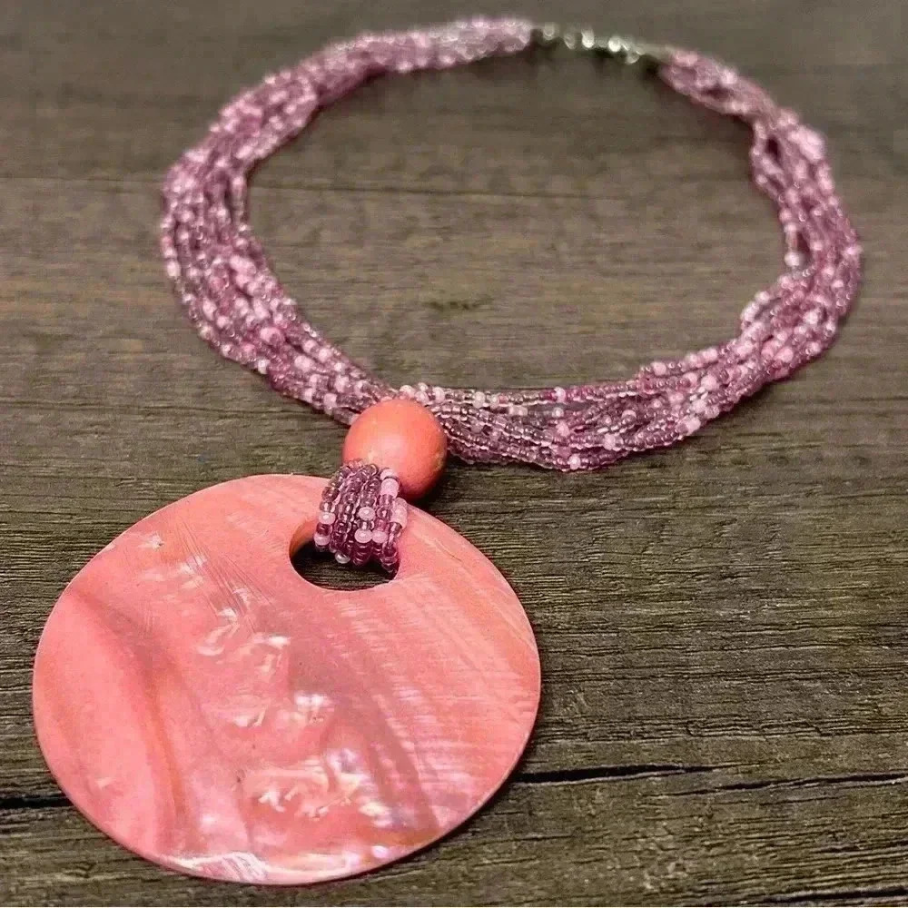 Large Round Painted Shell Pendant Beaded Statement Necklace
